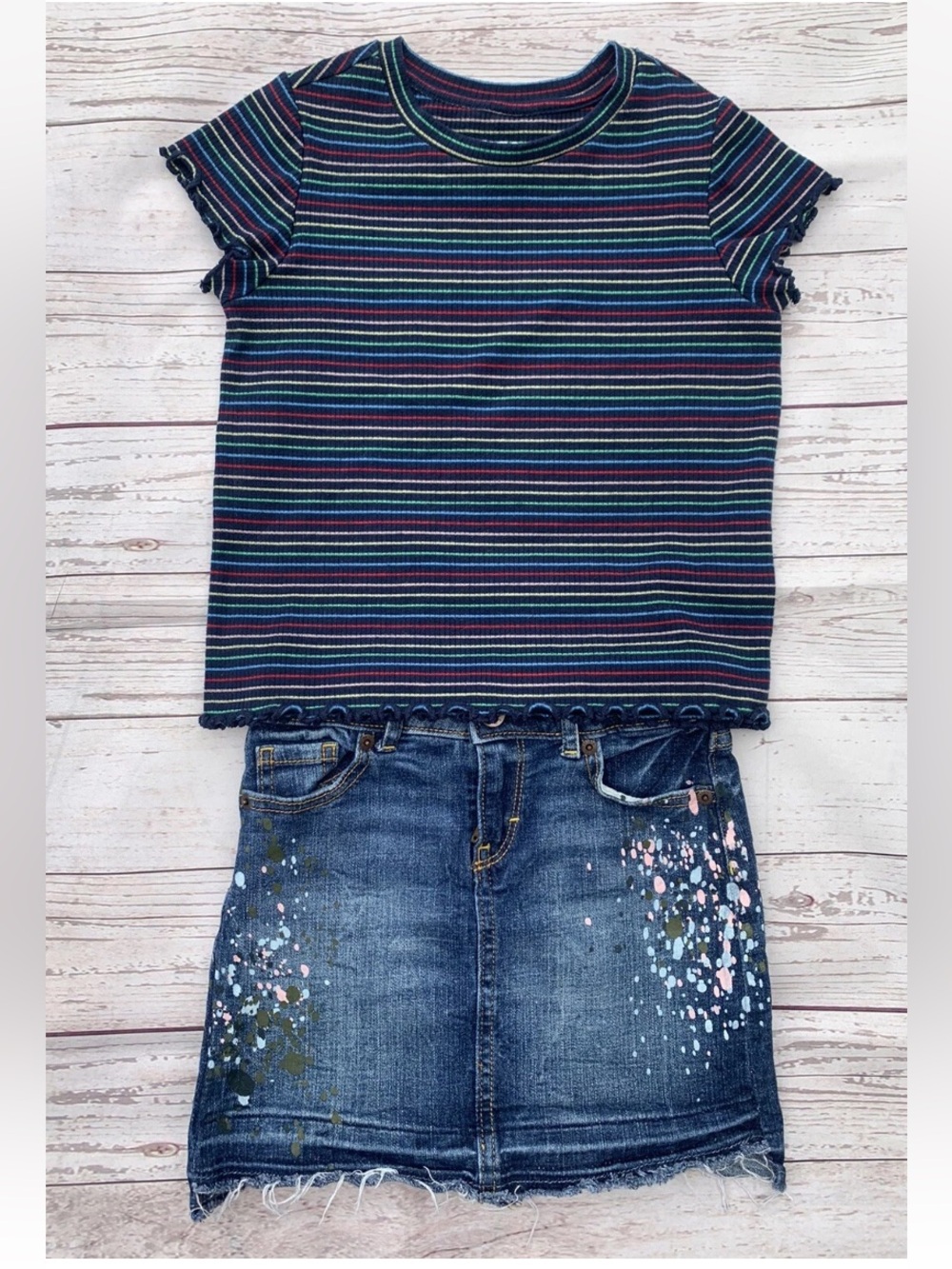 Lot of 2 Girls Gymboree Sz S (5-6) Blue Striped Top and Denim Distressed Skirt